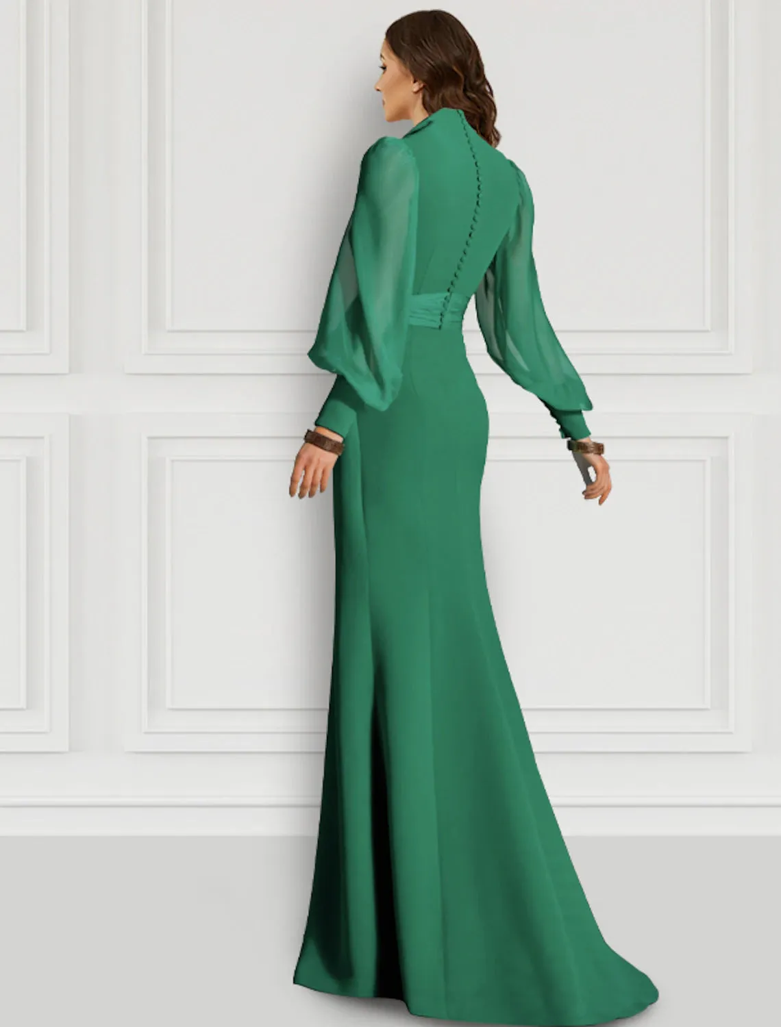 Aimishang   Sheath Evening Gown Sage Mother Elegant Dress Formal Sweep / Brush Train Long Sleeve V Neck Chiffon with Slit Strappy