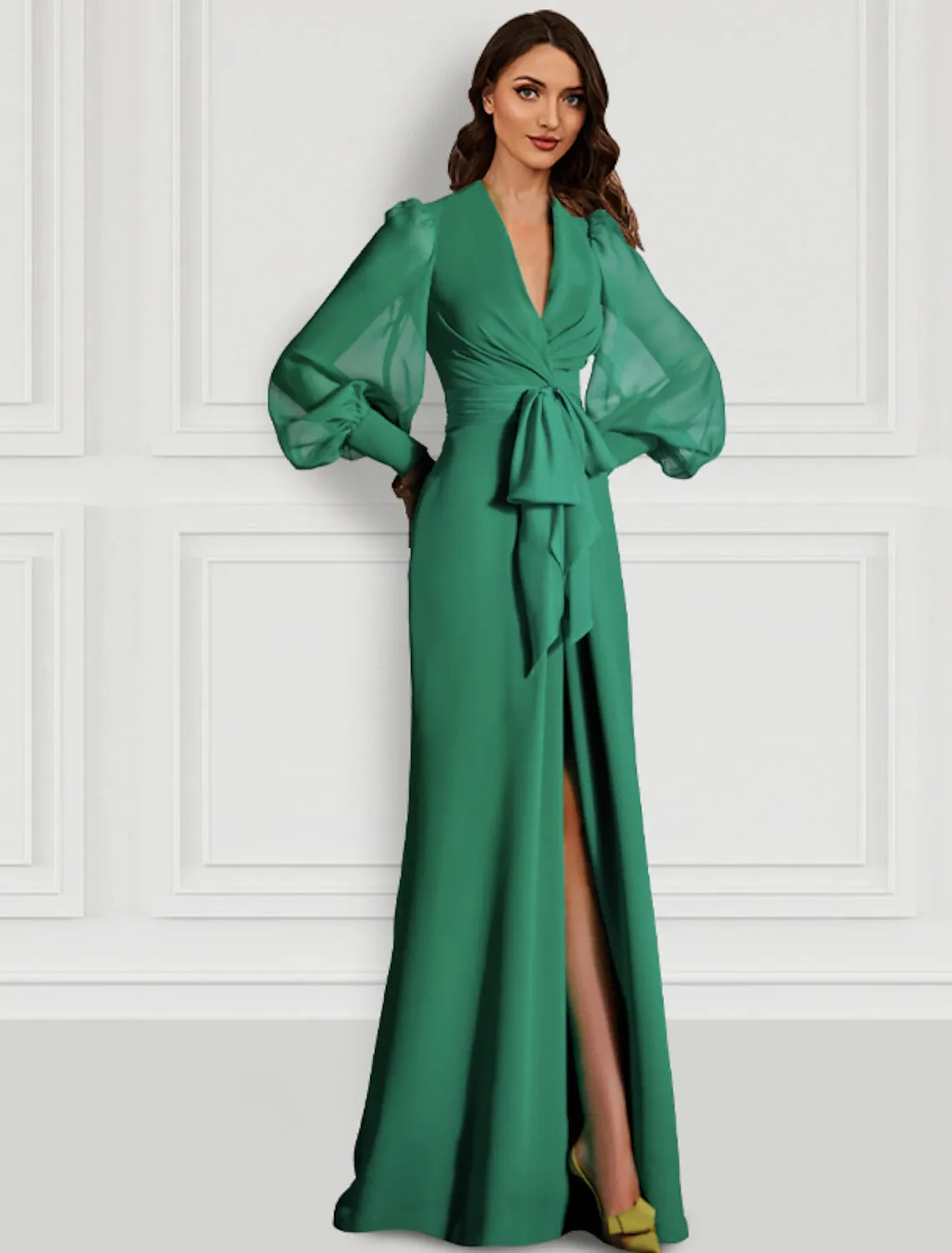 Aimishang   Sheath Evening Gown Sage Mother Elegant Dress Formal Sweep / Brush Train Long Sleeve V Neck Chiffon with Slit Strappy