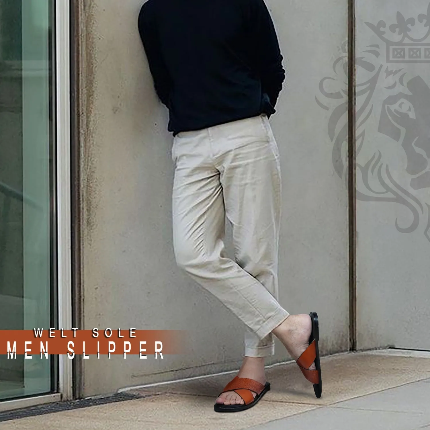 Crossover Double Strapped Slipper in Orange Tan Leather