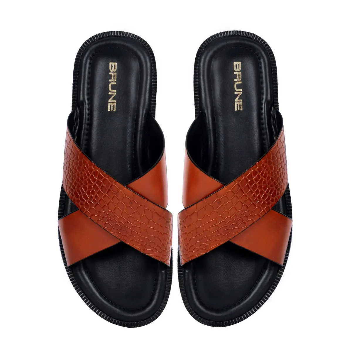 Crossover Double Strapped Slipper in Orange Tan Leather