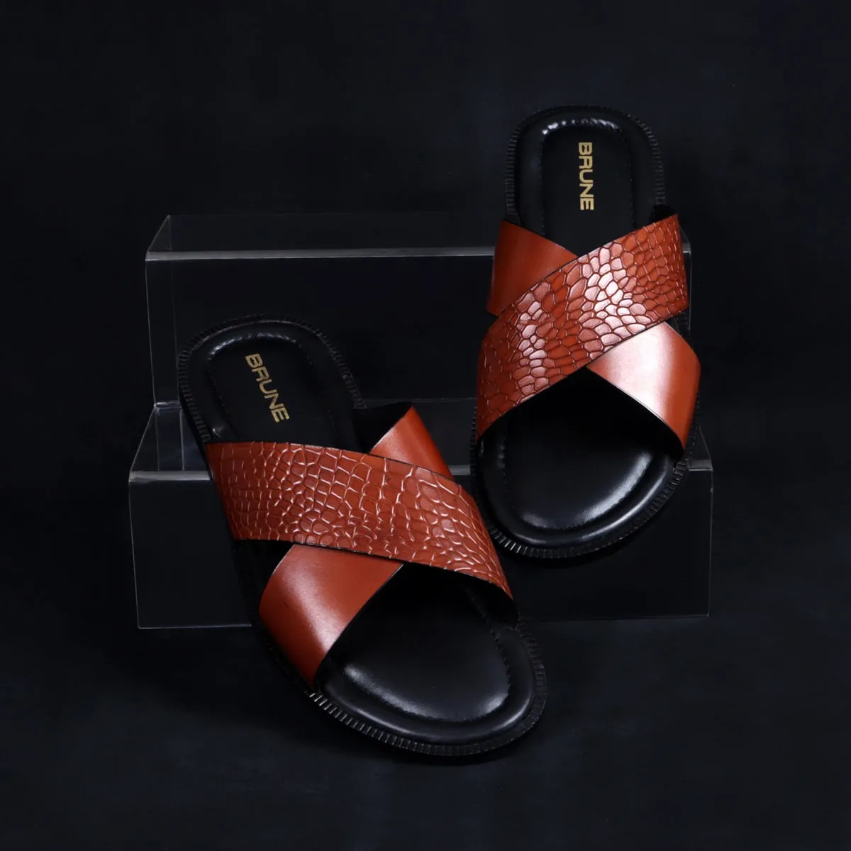 Crossover Double Strapped Slipper in Orange Tan Leather