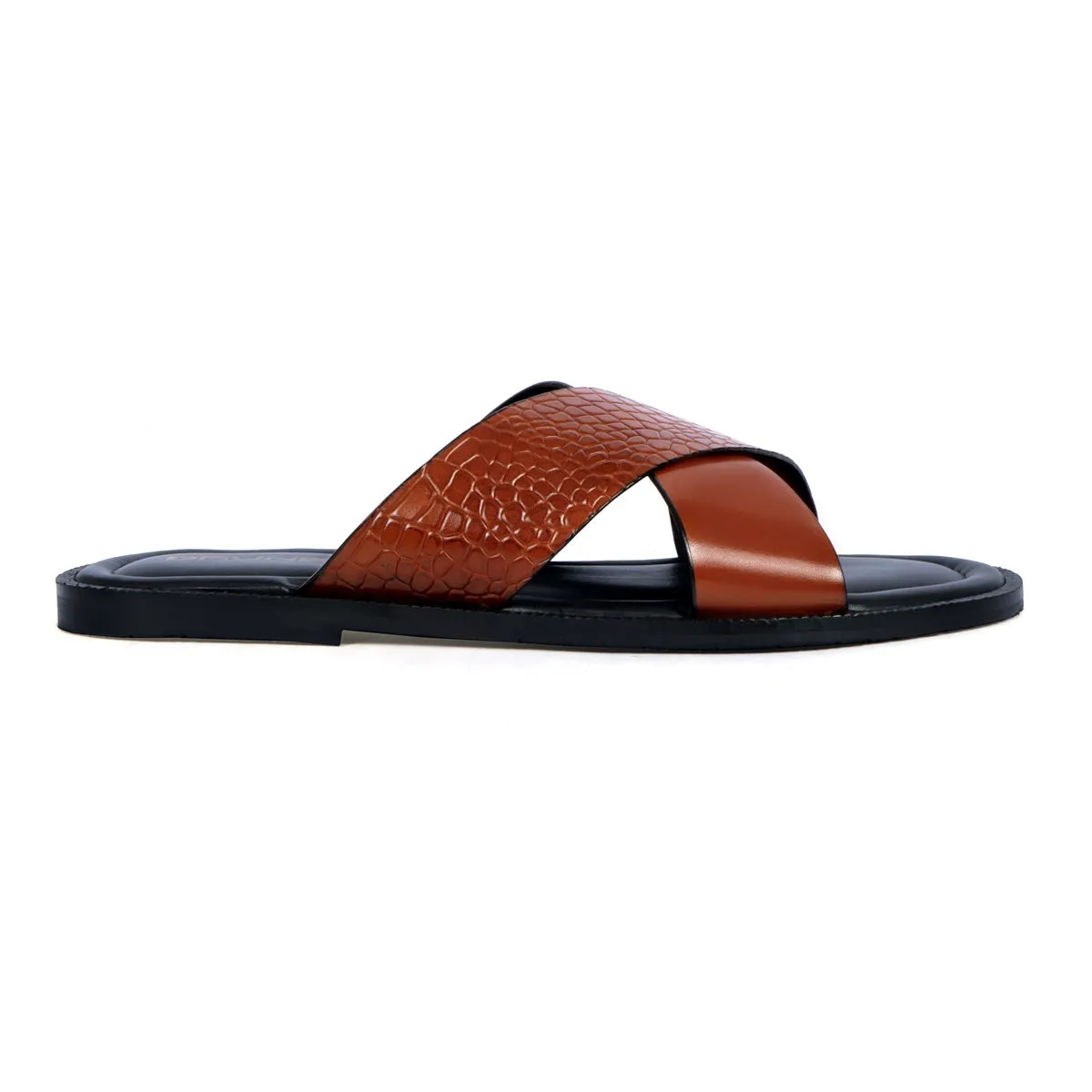 Crossover Double Strapped Slipper in Orange Tan Leather