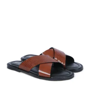 Crossover Double Strapped Slipper in Orange Tan Leather