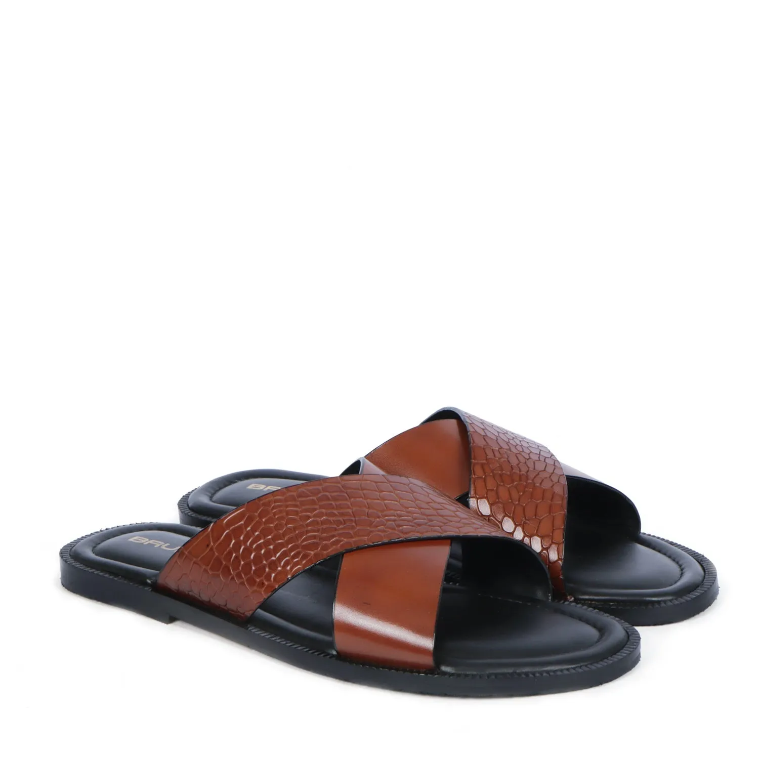 Crossover Double Strapped Slipper in Orange Tan Leather
