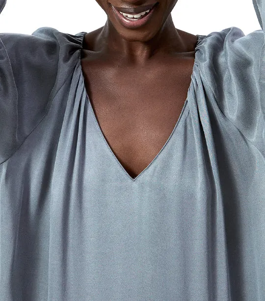 Cupro V-Neckline Long-Sleeved Blouse Gunmetal Gray
