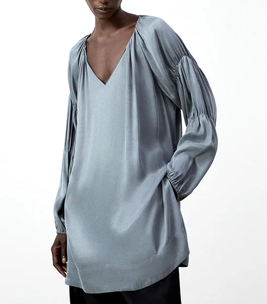 Cupro V-Neckline Long-Sleeved Blouse Gunmetal Gray
