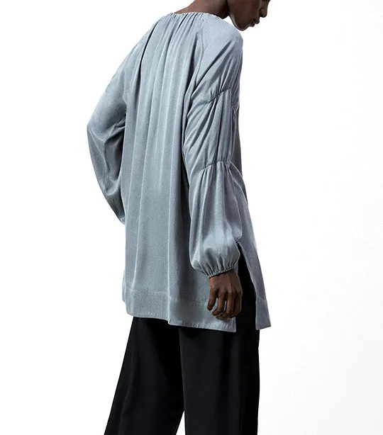Cupro V-Neckline Long-Sleeved Blouse Gunmetal Gray
