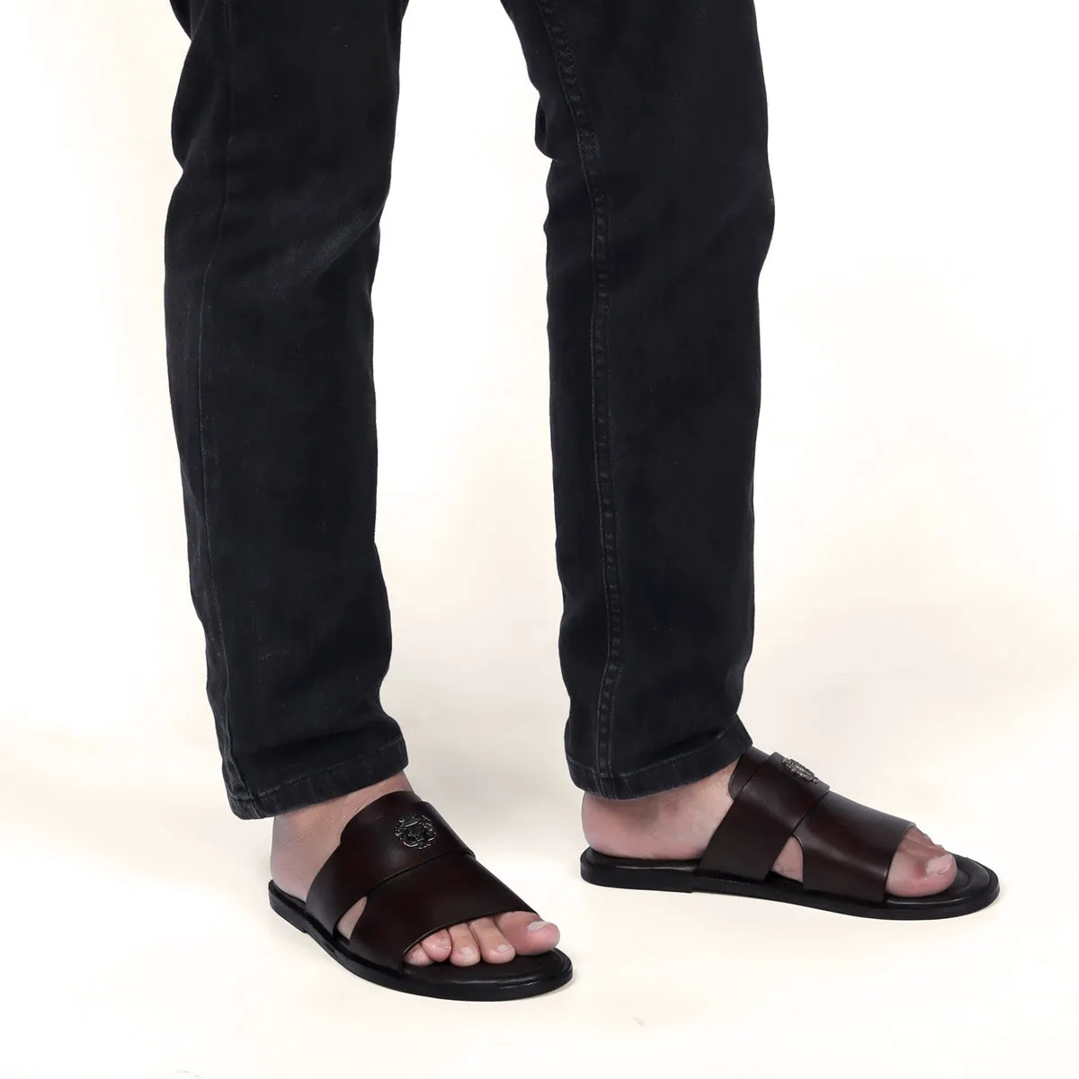Dark Brown Welt Slippers with Broad Strapped Cut Out Detail