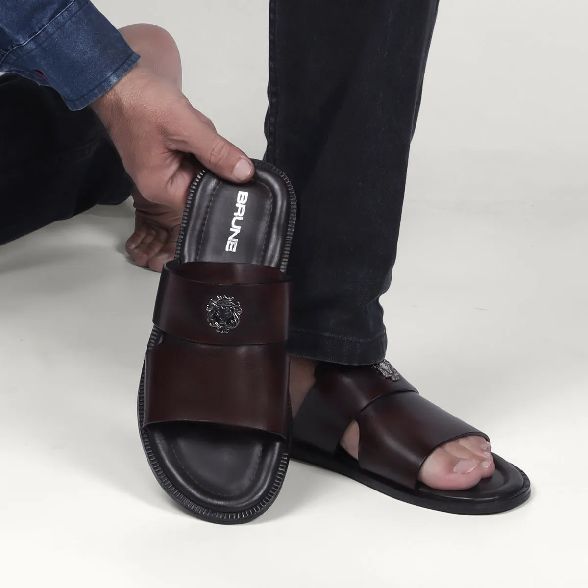 Dark Brown Welt Slippers with Broad Strapped Cut Out Detail