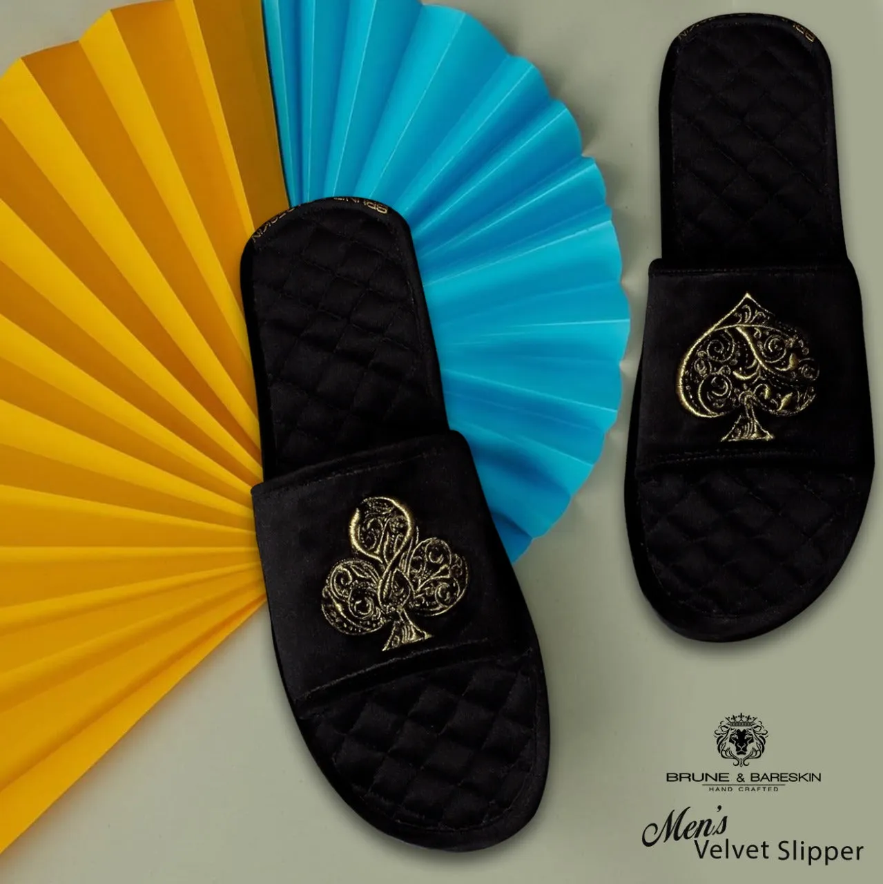 Golden Poker Detailed Embroidery Super Soft Base Black Velvet Slide-in Slippers by Brune & Bareskin