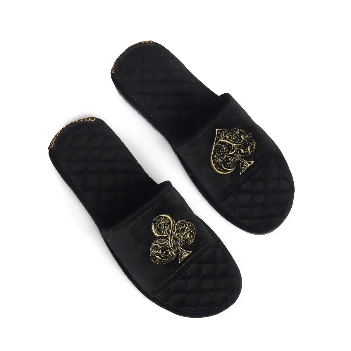 Golden Poker Detailed Embroidery Super Soft Base Black Velvet Slide-in Slippers by Brune & Bareskin