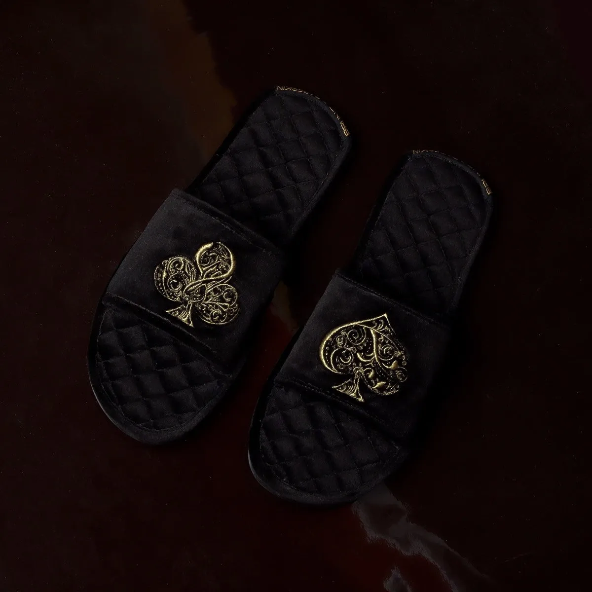 Golden Poker Detailed Embroidery Super Soft Base Black Velvet Slide-in Slippers by Brune & Bareskin