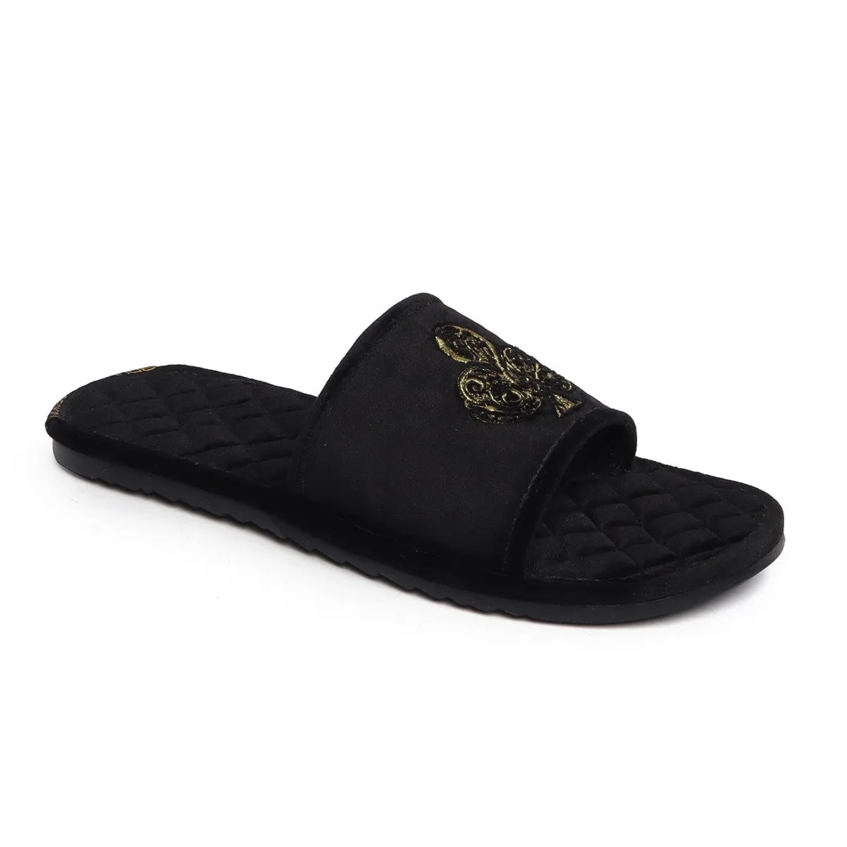 Golden Poker Detailed Embroidery Super Soft Base Black Velvet Slide-in Slippers by Brune & Bareskin