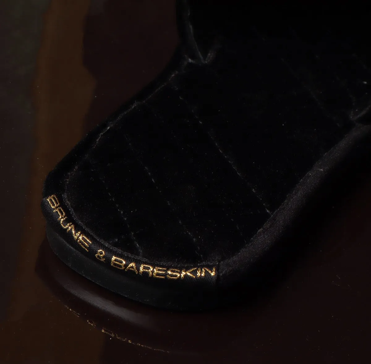 Golden Poker Detailed Embroidery Super Soft Base Black Velvet Slide-in Slippers by Brune & Bareskin