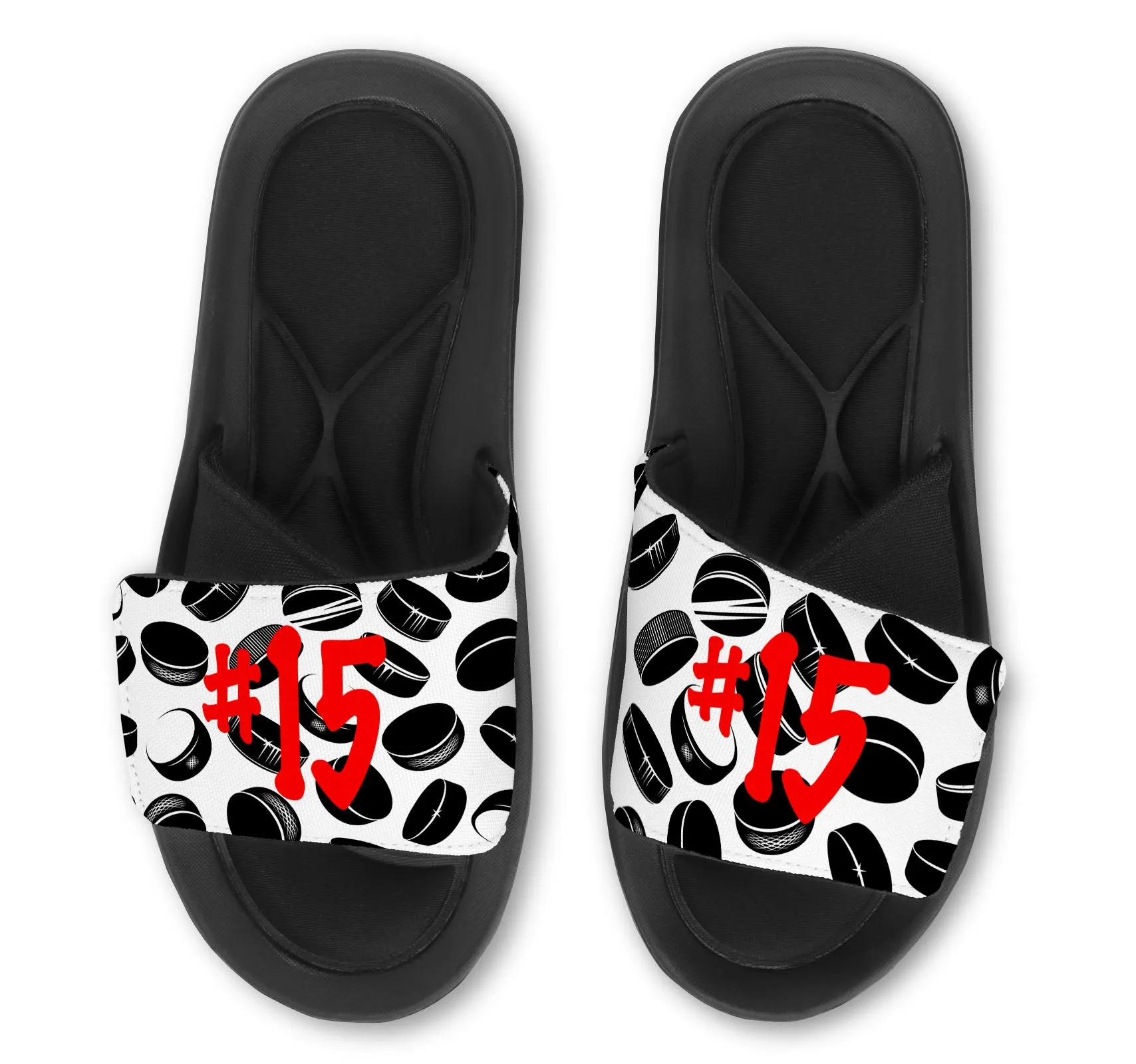 Hockey Slides with Pucks - Customized with Your Name and/or Number