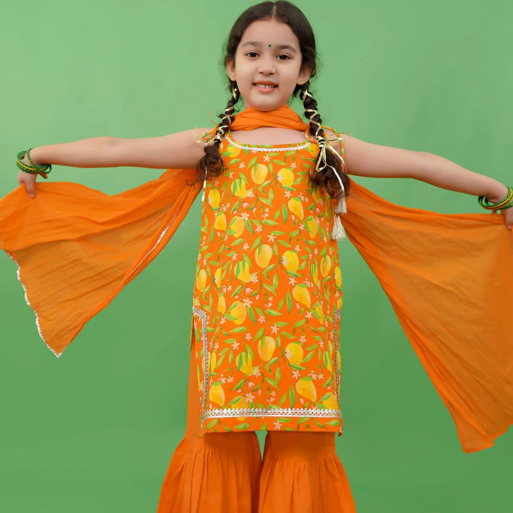 Kalki Girls Orange Sharara Suit In Cotton With A Straight Cut Mango Print Strappy Kurti By Tiber Taber