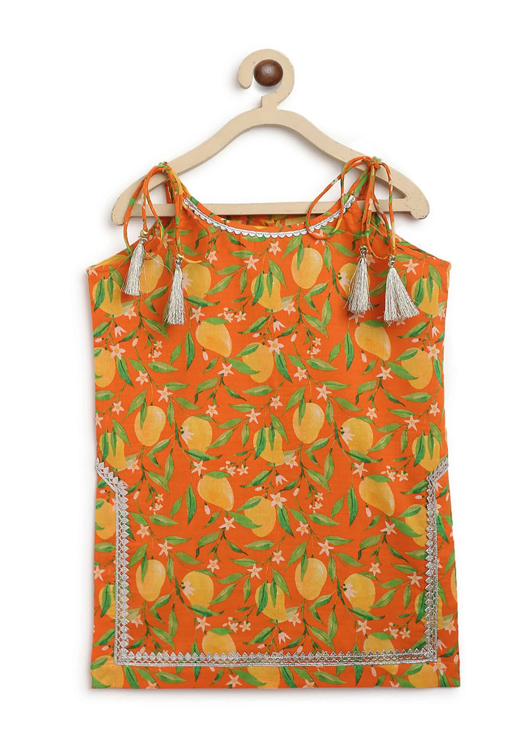 Kalki Girls Orange Sharara Suit In Cotton With A Straight Cut Mango Print Strappy Kurti By Tiber Taber