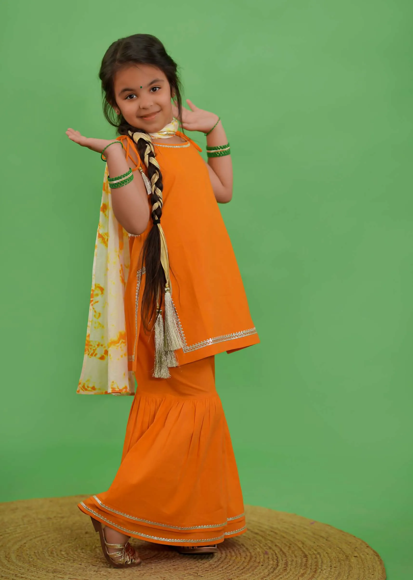 Kalki Girls Orange Strappy Straight Cut Sharara Suit With Gotta Patti Work And A Tie Dye Dupatta By Tiber Taber