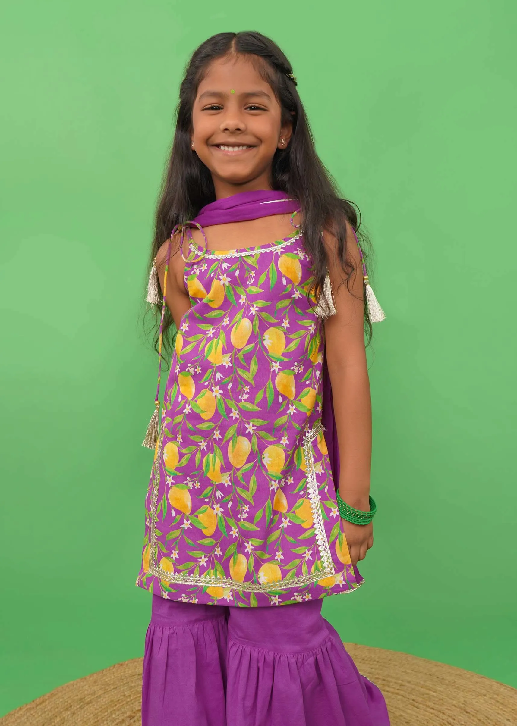 Kalki Girls Purple Sharara Suit In Cotton With A Straight Cut Mango Print Strappy Kurti By Tiber Taber