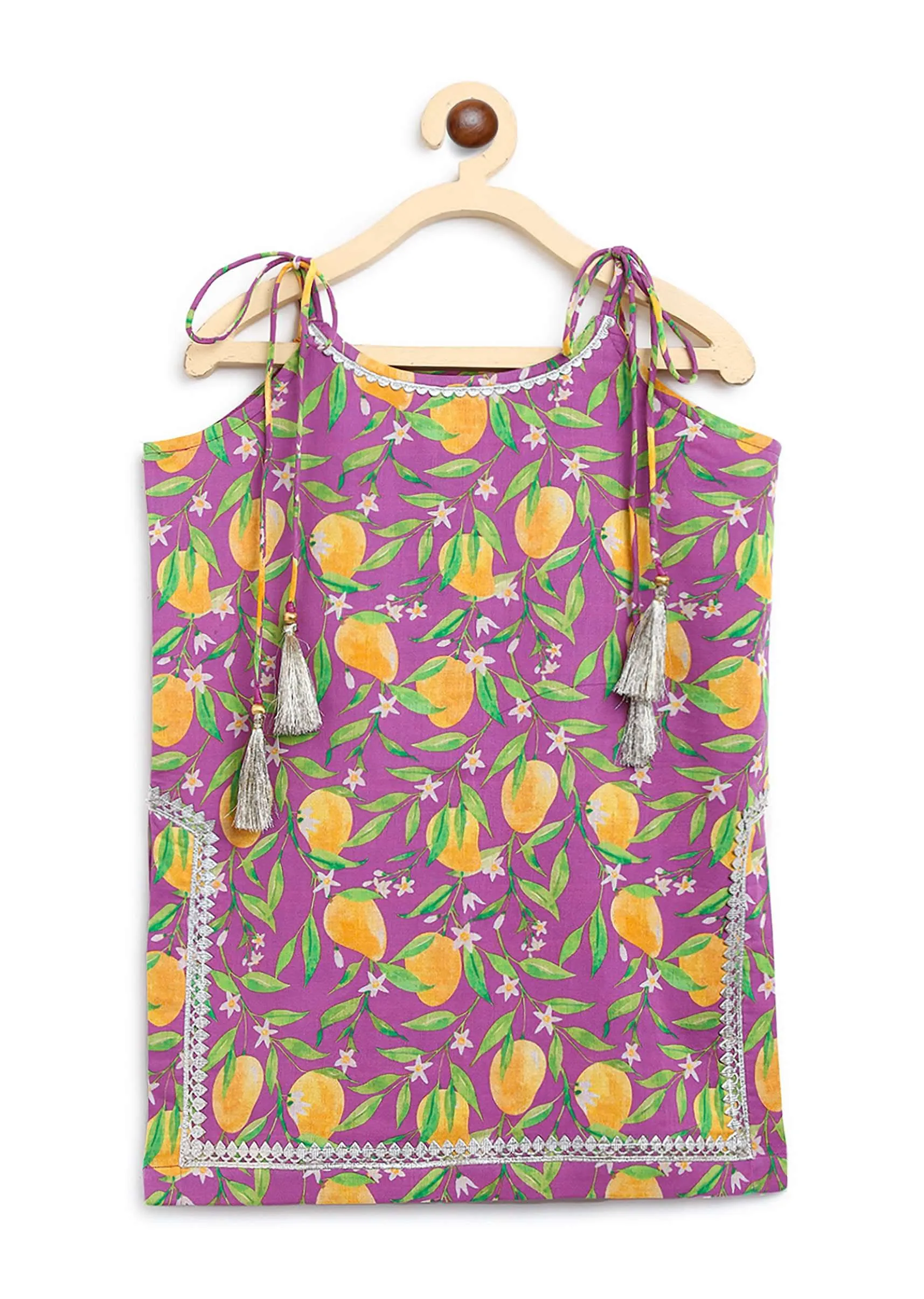 Kalki Girls Purple Sharara Suit In Cotton With A Straight Cut Mango Print Strappy Kurti By Tiber Taber
