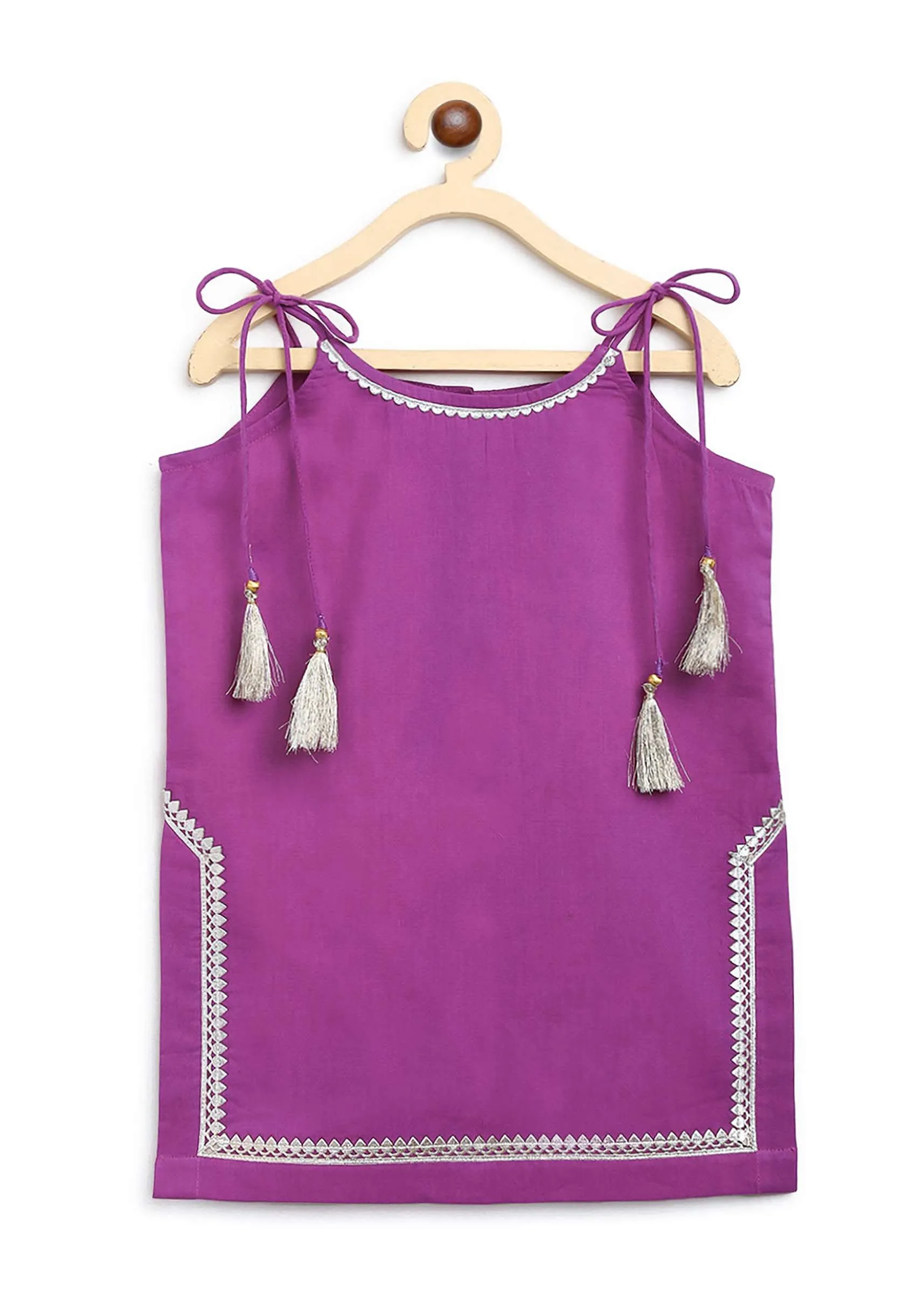 Kalki Girls Purple Strappy Straight Cut Sharara Suit With Gotta Patti Work And A Tie Dye Dupatta By Tiber Taber