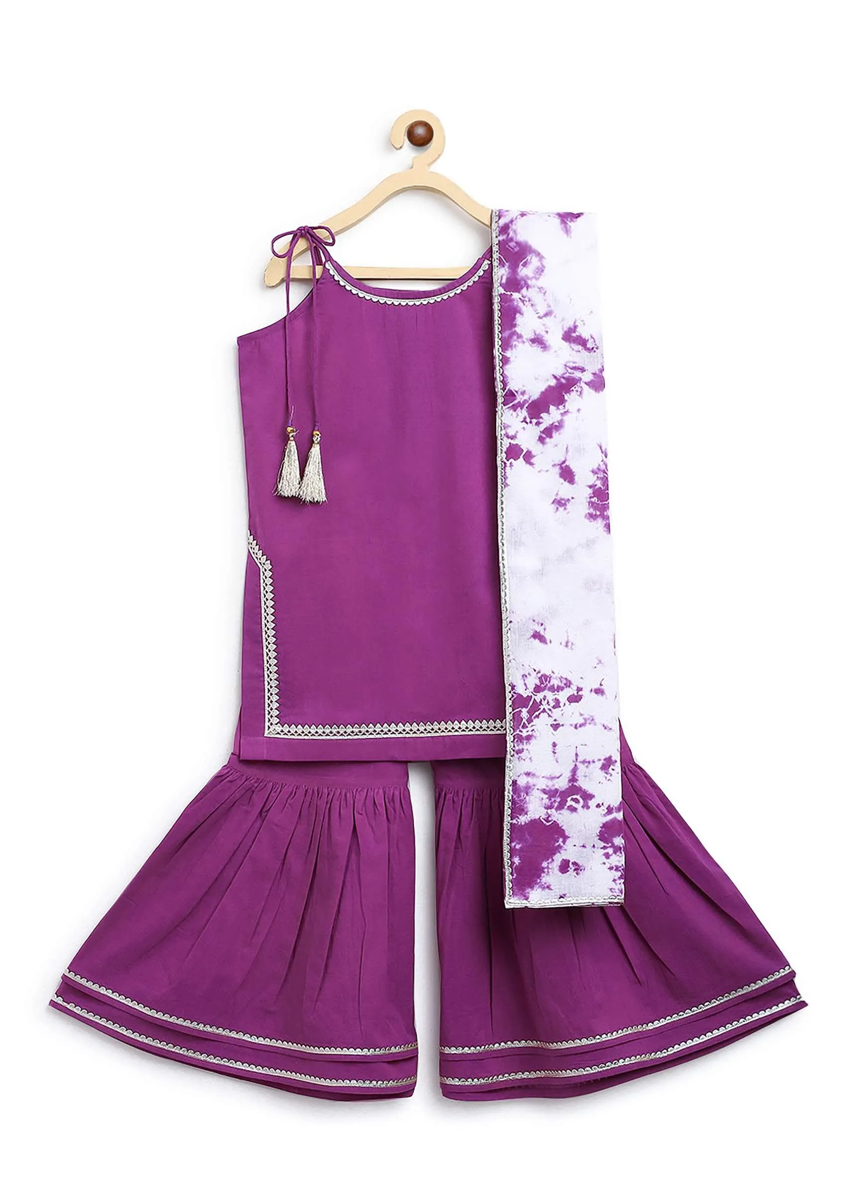 Kalki Girls Purple Strappy Straight Cut Sharara Suit With Gotta Patti Work And A Tie Dye Dupatta By Tiber Taber