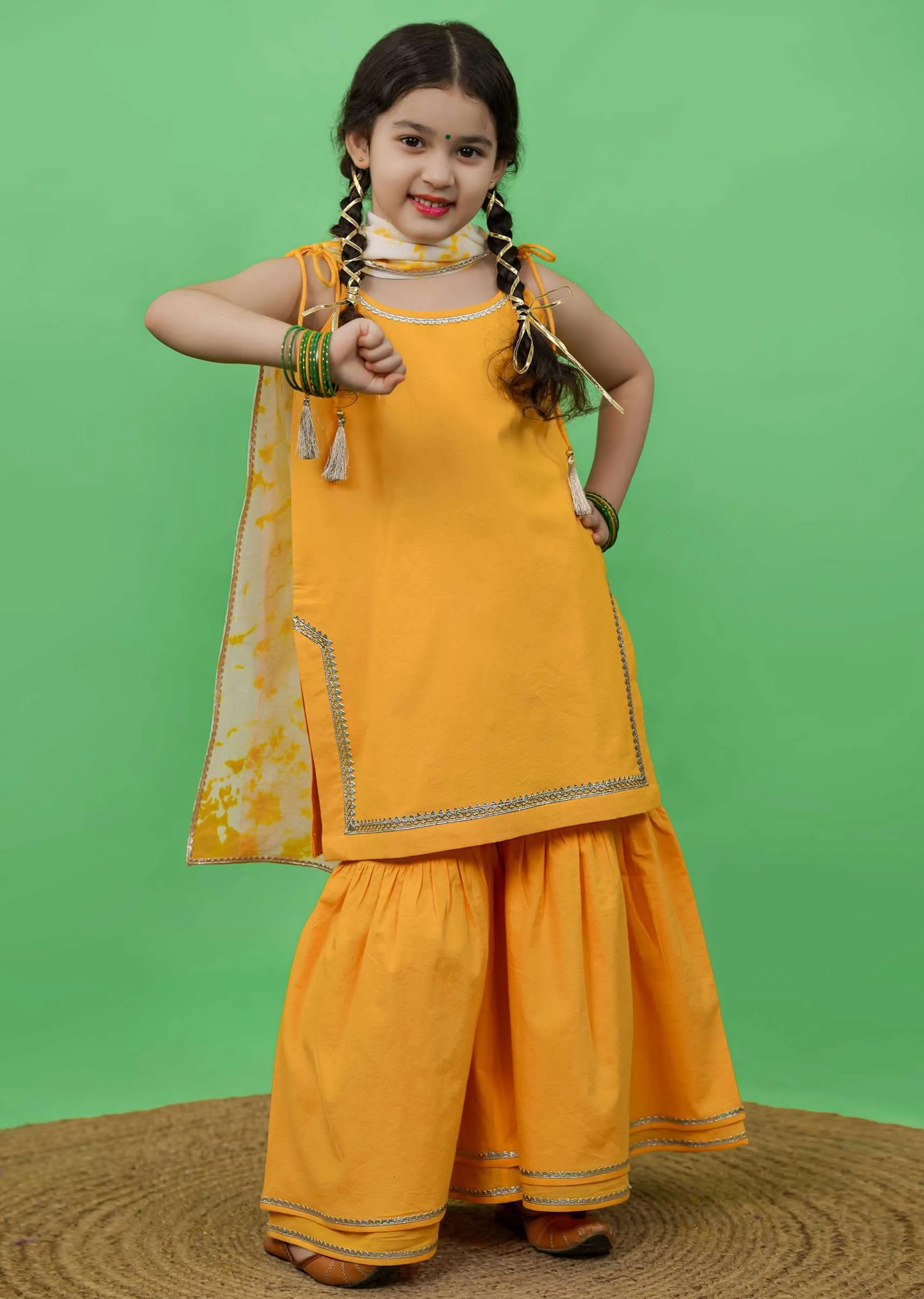 Kalki Girls Yellow Strappy Straight Cut Sharara Suit With Gotta Patti Work And A Tie Dye Dupatta By Tiber Taber