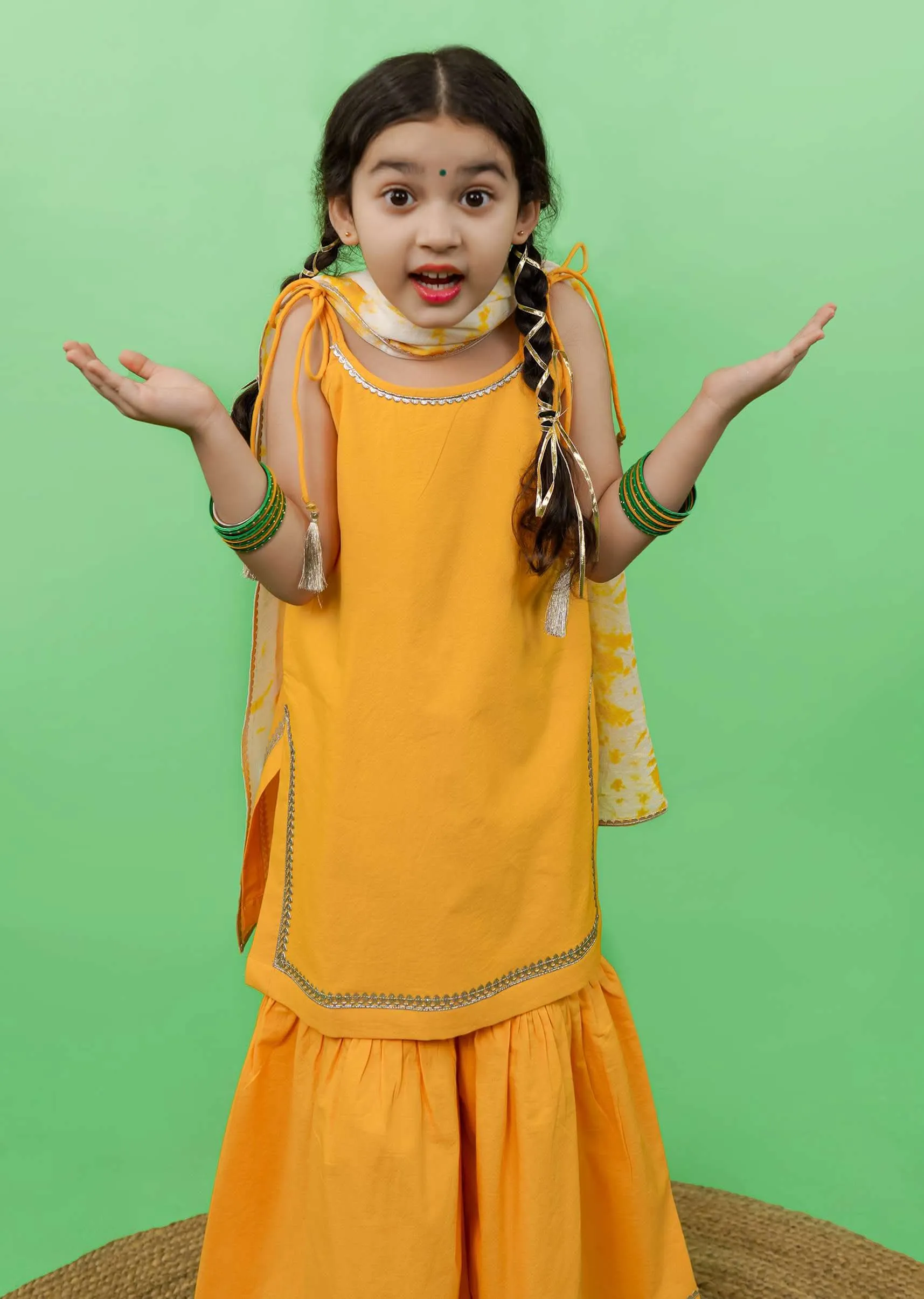 Kalki Girls Yellow Strappy Straight Cut Sharara Suit With Gotta Patti Work And A Tie Dye Dupatta By Tiber Taber