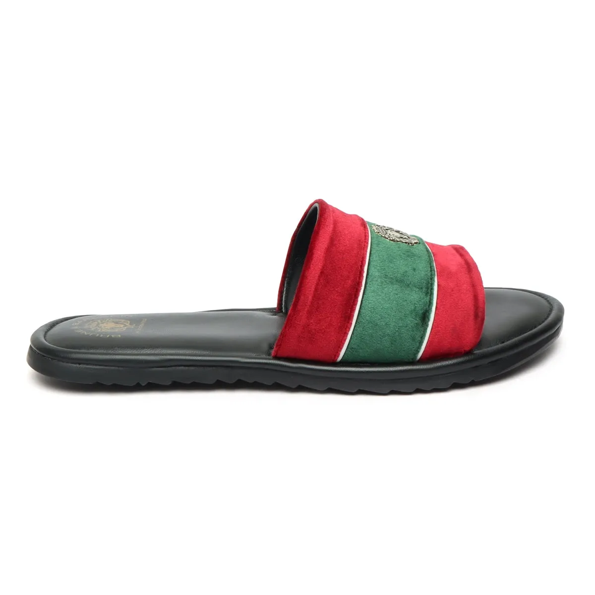 Red and Green Velvet Strap Black Leather Slide-in Slippers by BRUNE & BARESKIN