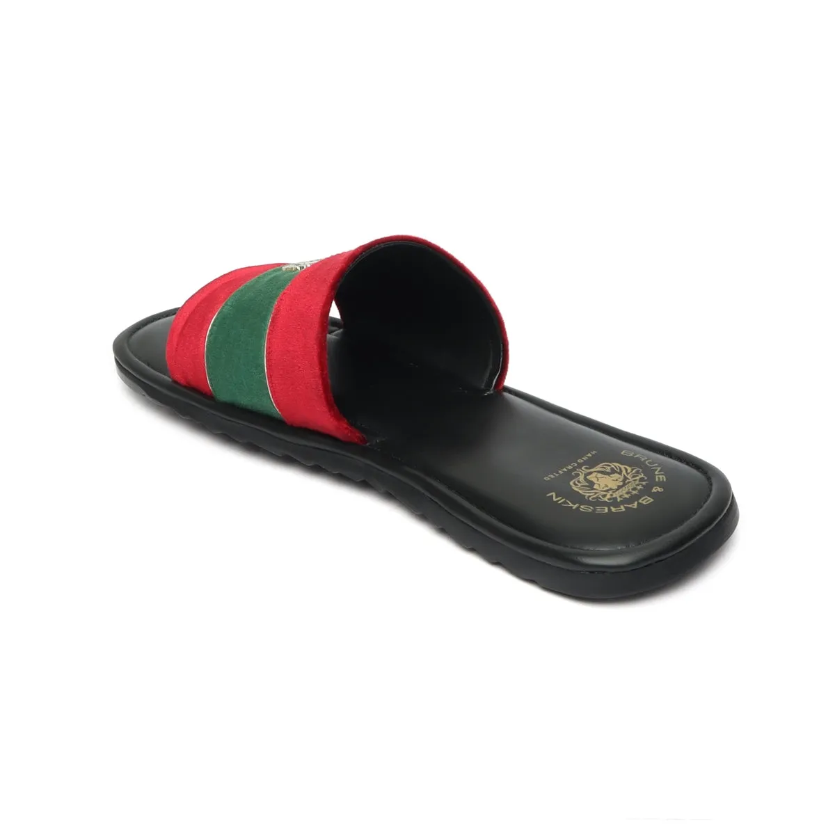 Red and Green Velvet Strap Black Leather Slide-in Slippers by BRUNE & BARESKIN
