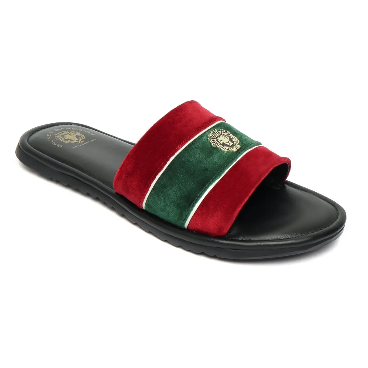 Red and Green Velvet Strap Black Leather Slide-in Slippers by BRUNE & BARESKIN
