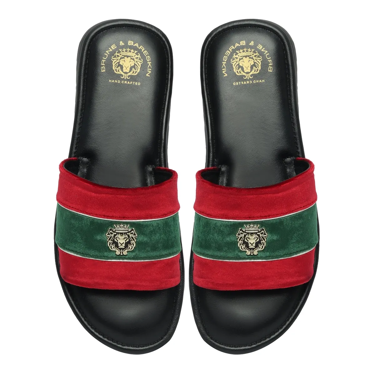 Red and Green Velvet Strap Black Leather Slide-in Slippers by BRUNE & BARESKIN