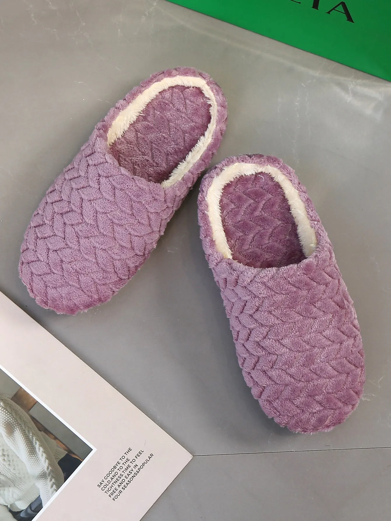 SHEIN Women's Stylish Purple Cable Textured Fluffy Bedroom Slippers With Embroidery