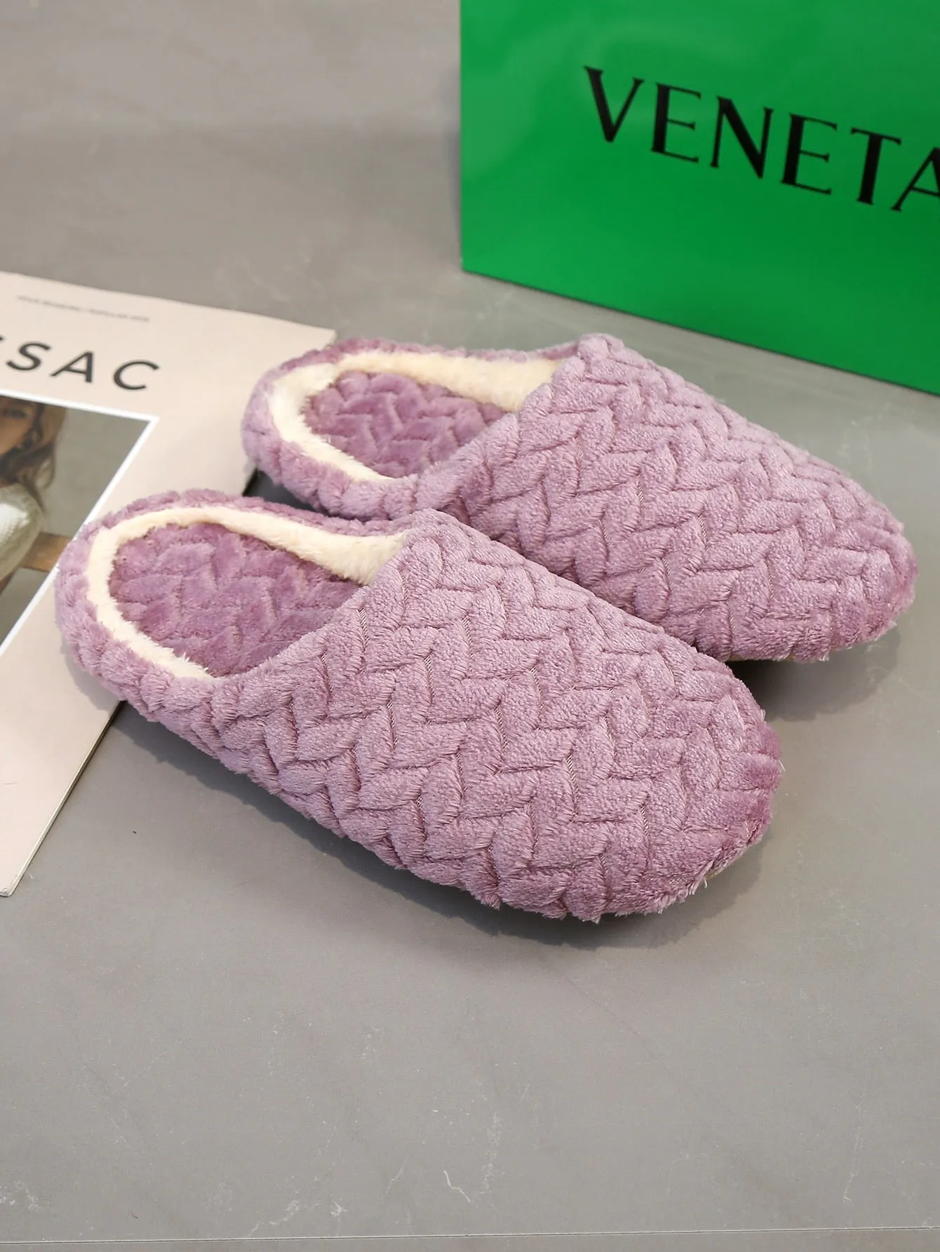 SHEIN Women's Stylish Purple Cable Textured Fluffy Bedroom Slippers With Embroidery