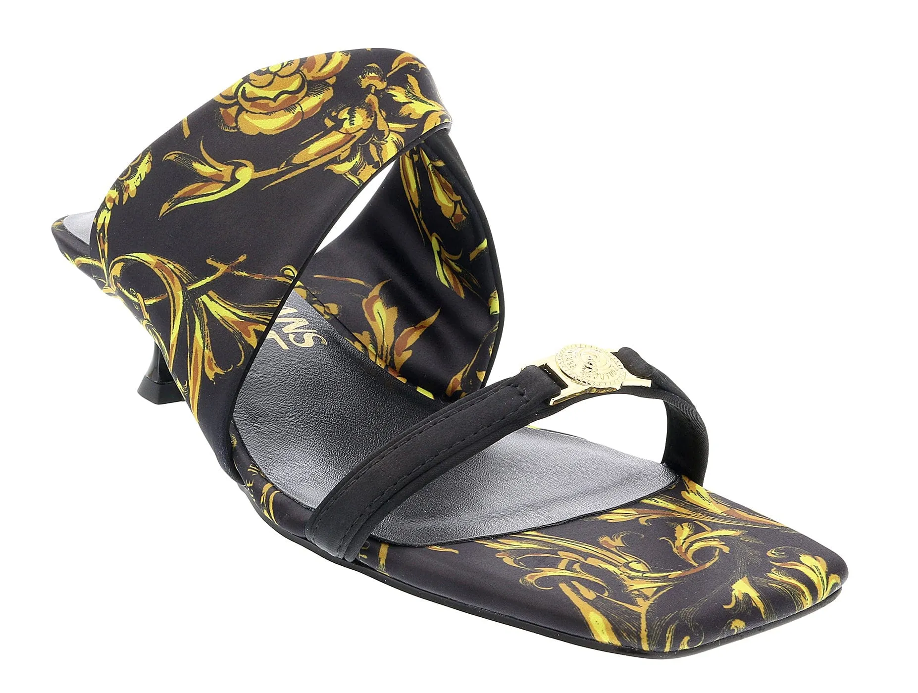 Versace Jeans Couture Black/Gold Kitten Heel Strappy Baroque  Mules