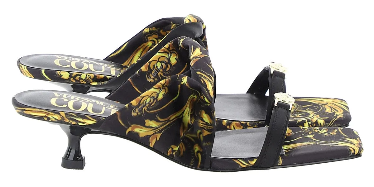 Versace Jeans Couture Black/Gold Kitten Heel Strappy Baroque  Mules
