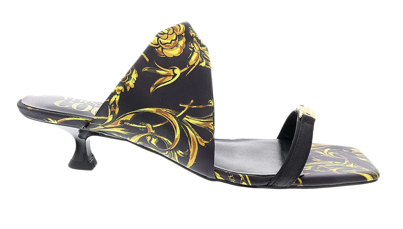 Versace Jeans Couture Black/Gold Kitten Heel Strappy Baroque  Mules