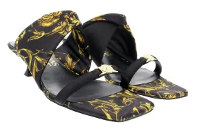 Versace Jeans Couture Black/Gold Kitten Heel Strappy Baroque  Mules