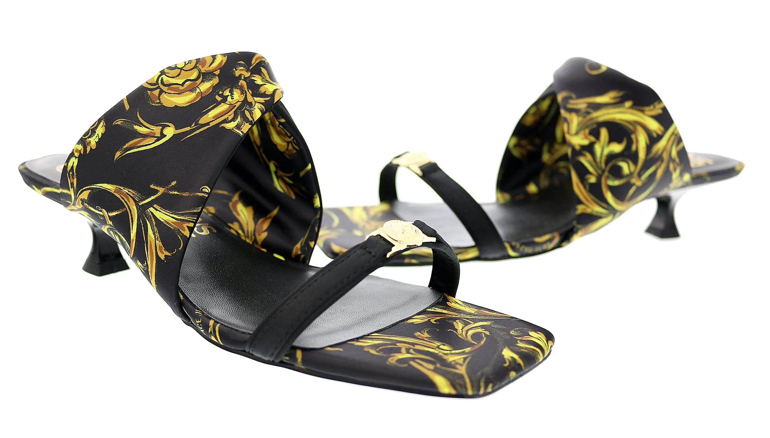 Versace Jeans Couture Black/Gold Kitten Heel Strappy Baroque  Mules