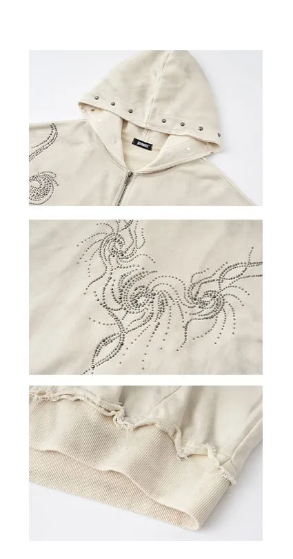 Wasteland Punk Studs Beige Washed Loose Casual Zip Hoodie