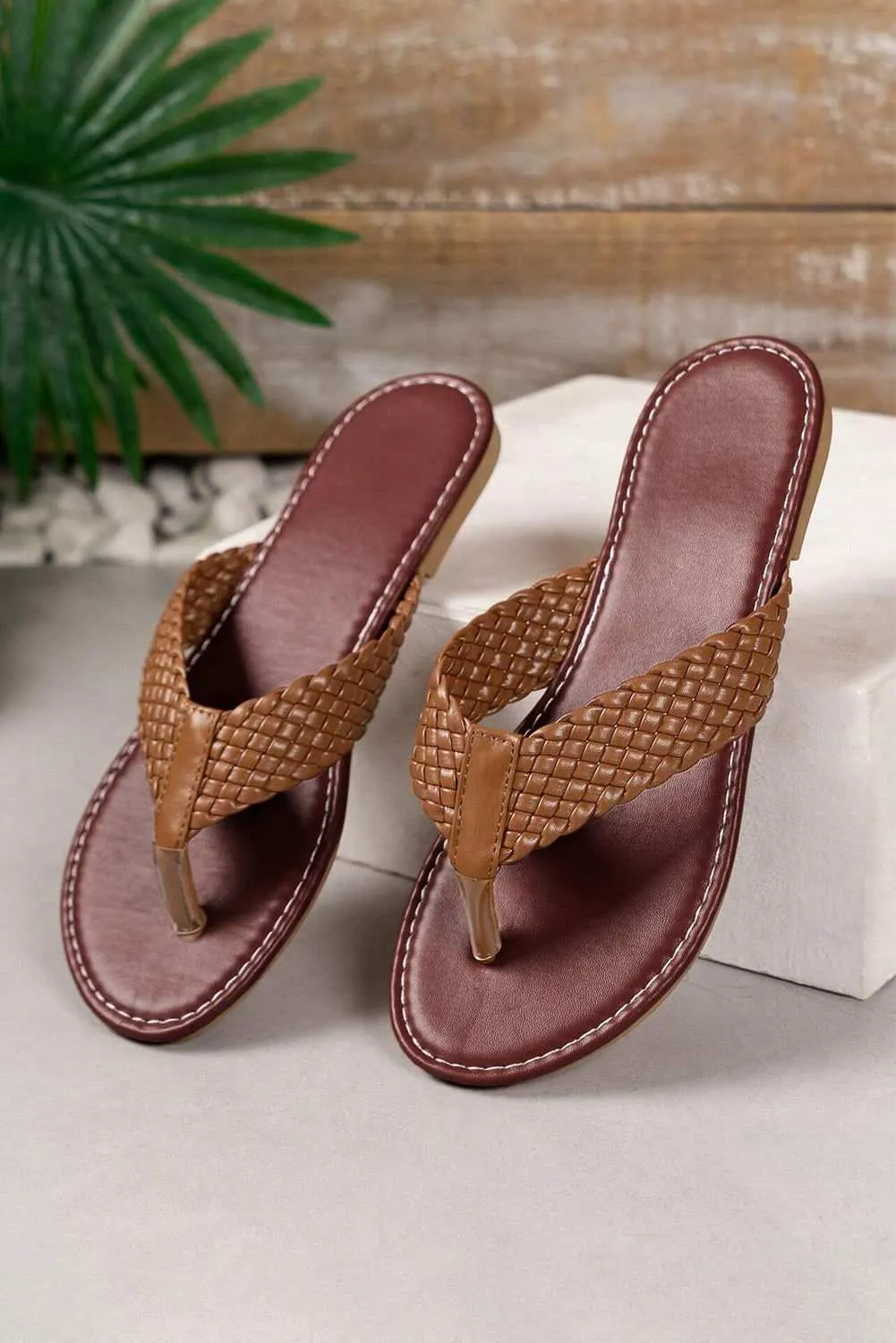 White Braided Strap PU Leather Flat Flip Flop