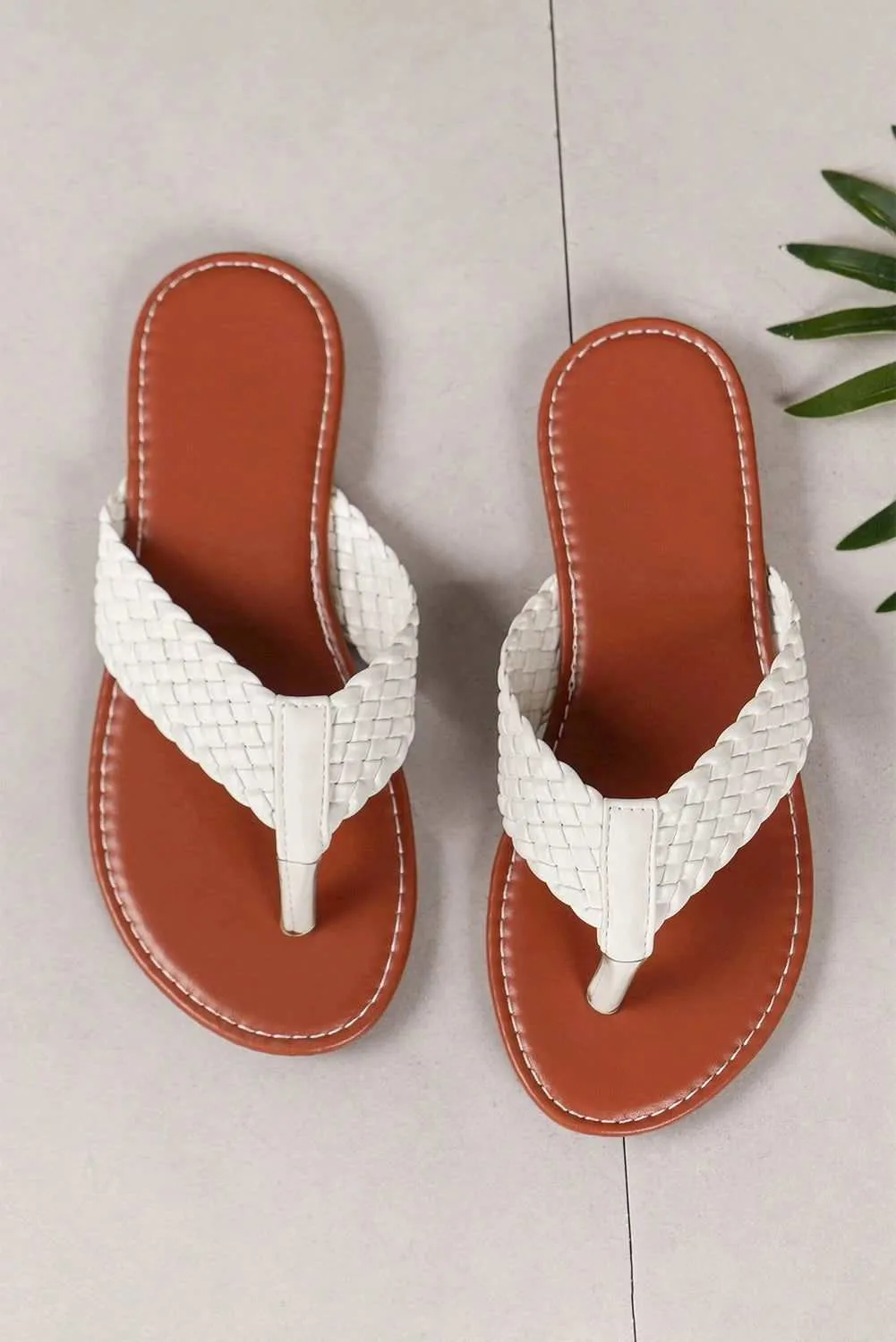 White Braided Strap PU Leather Flat Flip Flop