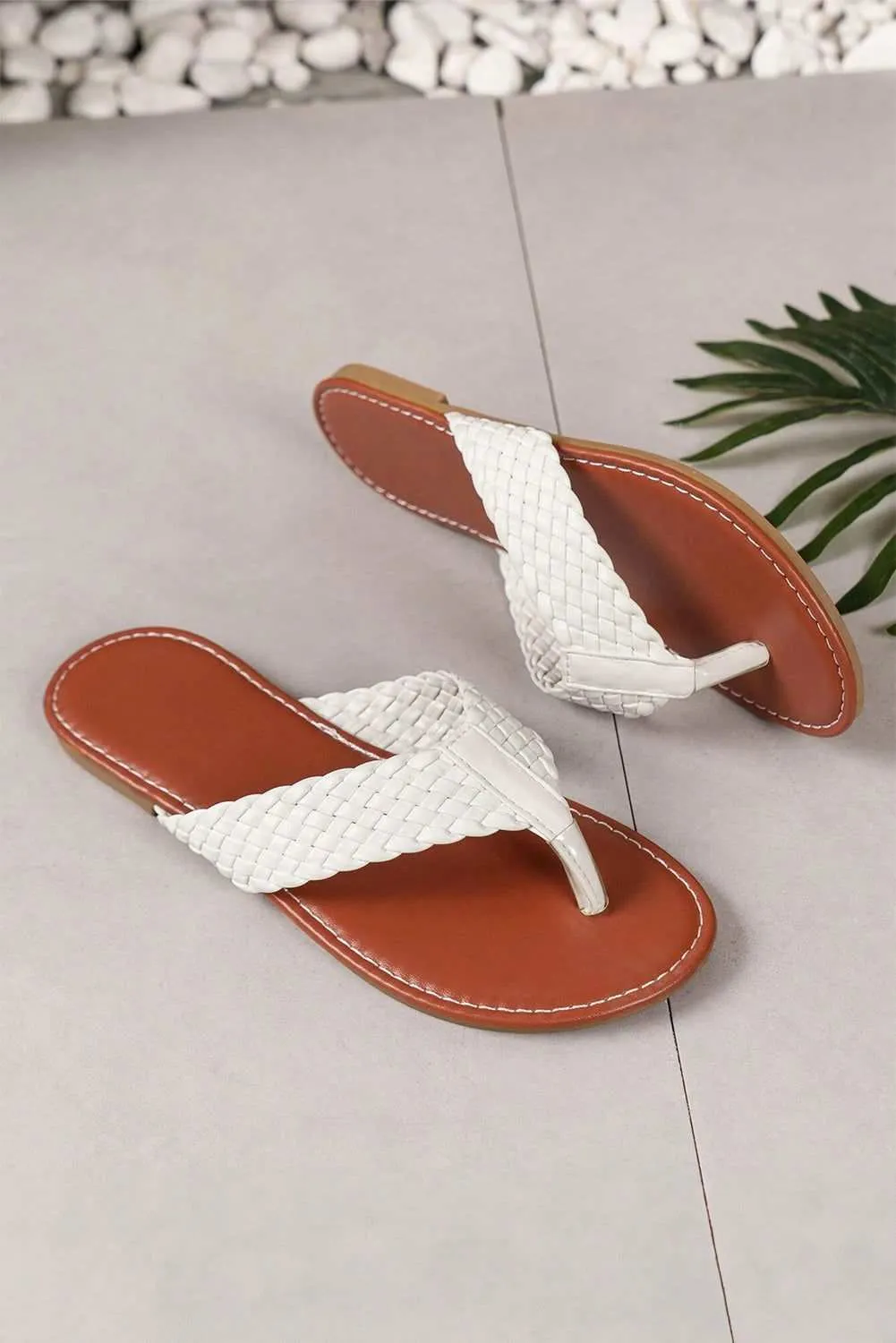 White Braided Strap PU Leather Flat Flip Flop