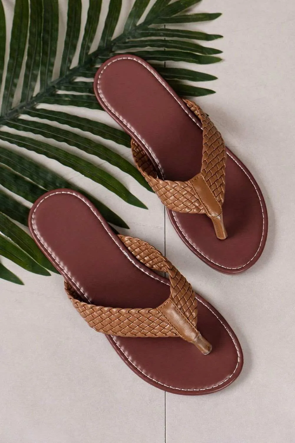 White Braided Strap PU Leather Flat Flip Flop
