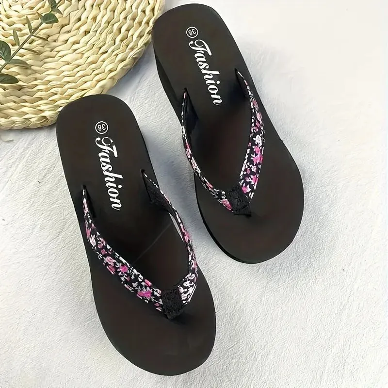 Women's Floral Pattern Flip Flops: Lightweight, Breathable Non-Slip Beach Platform Sandals